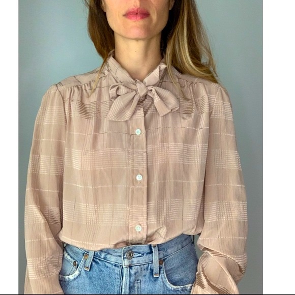 NWT Vintage Dead Stock Stripped Pussy Bow Beige Blouse - Picture 3 of 16